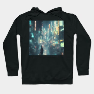 Urban Atmosphere Artistry - Moody Anime Noir Cinematic Japanese Cityscape Hoodie